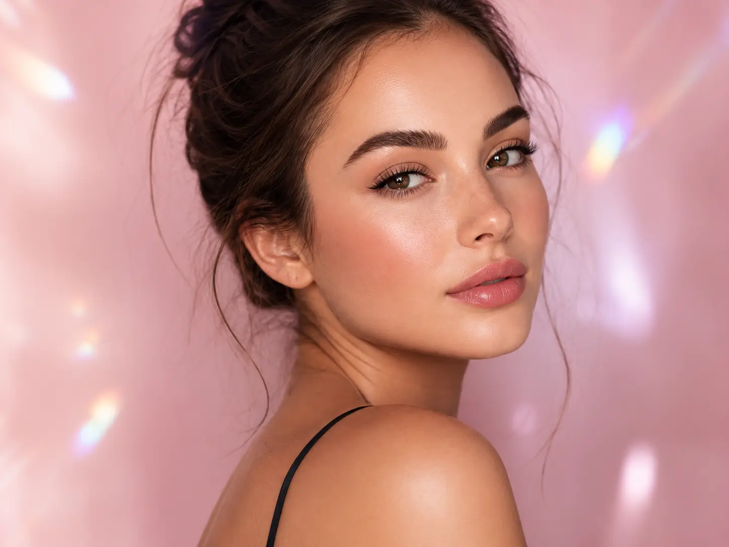 Soft natural permanent makeup model with brows, eyeliner, and lip color